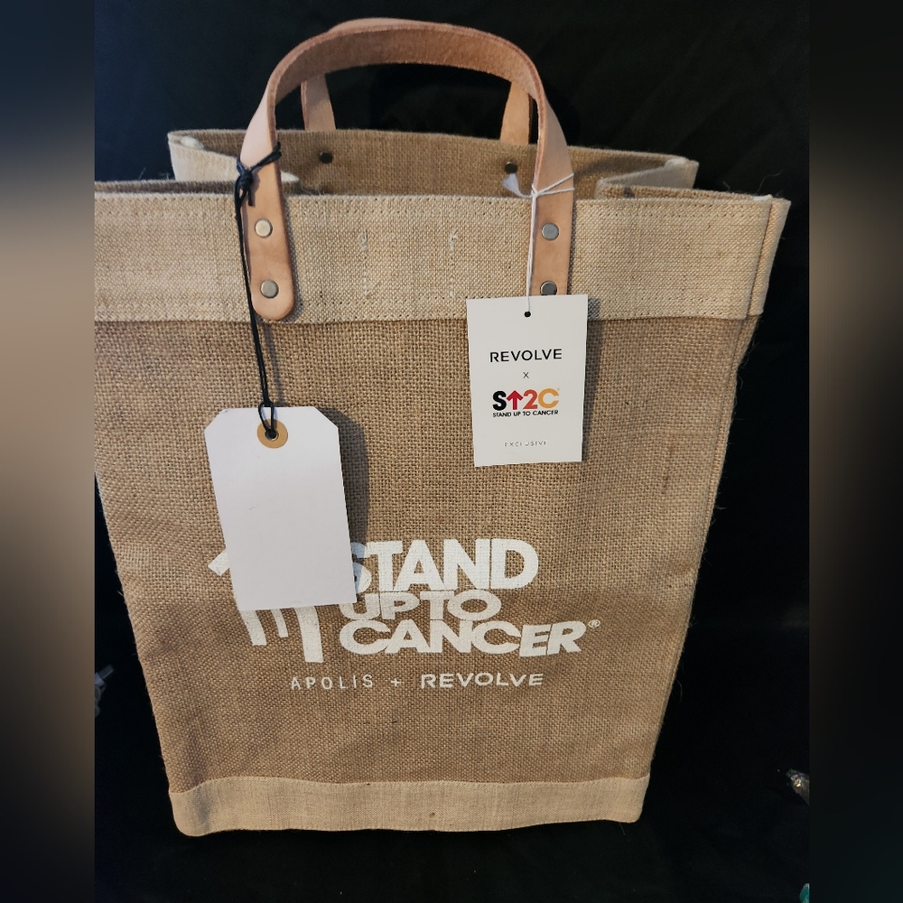 Revolve Apolis Stand up to Cancer burlap deep shopping bag with handles